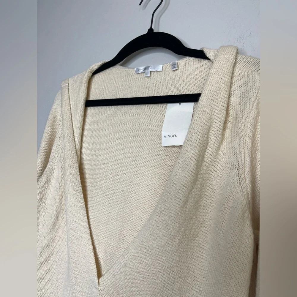 Vince New Ivory Cotton Hoodied Deep V Belted Knit Pullover L Coastal Designer - Picture 3 of 9
